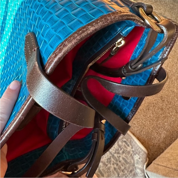 Dooney & Bourke Bright Blue Woven Leather Bucket Bag with Brown Trim - Picture 11 of 13